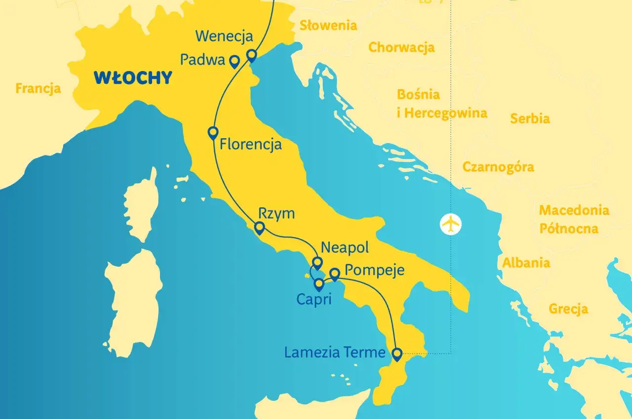 Mapa Włoch z zaznaczonymi miastami: Wenecja, Padwa, Florencja, Rzym, Neapol, Pompeje, Capri, Lamezia Terme. Planujesz loty do Włoch?