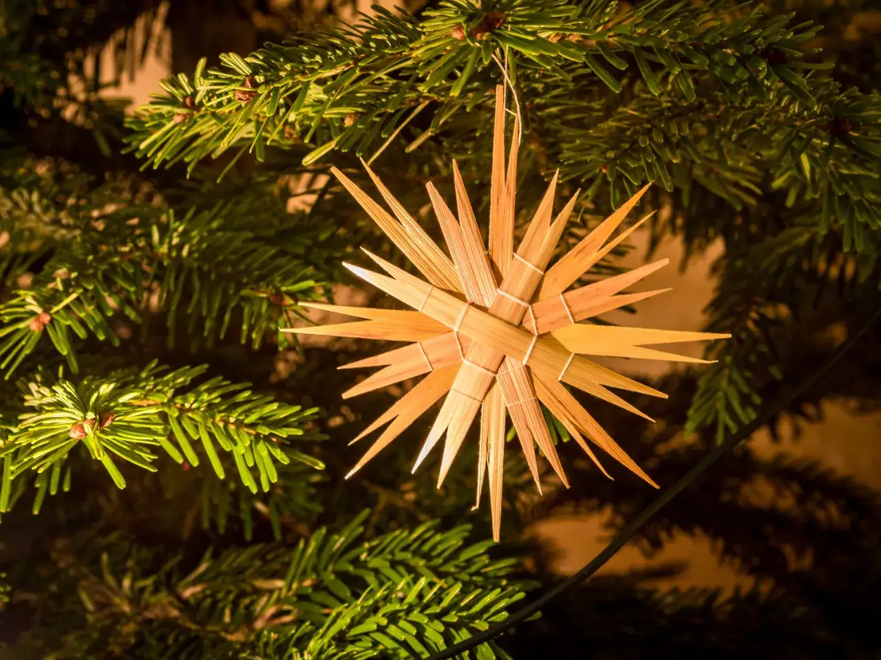 Ein Strohstern hängt an einem Weihnachtsbaum. Er symbolisiert die Freude und das Licht, das man feiert, wenn man Weihnachten feiert.