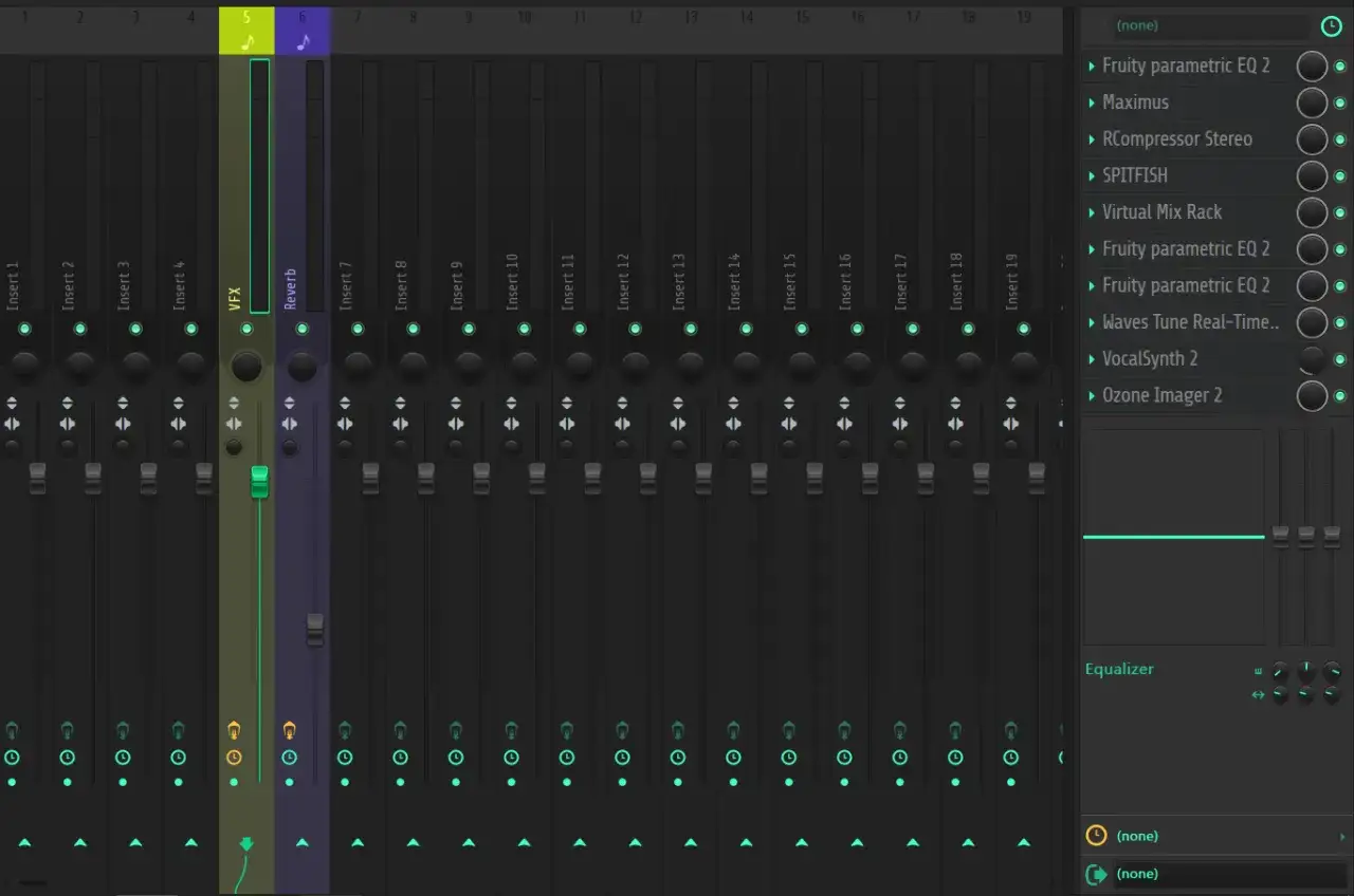 FL Studio Mixer mit Effekten wie VFX und Reverb. Hier lassen sich free vocal presets f&uuml;r FL Studio einstellen.