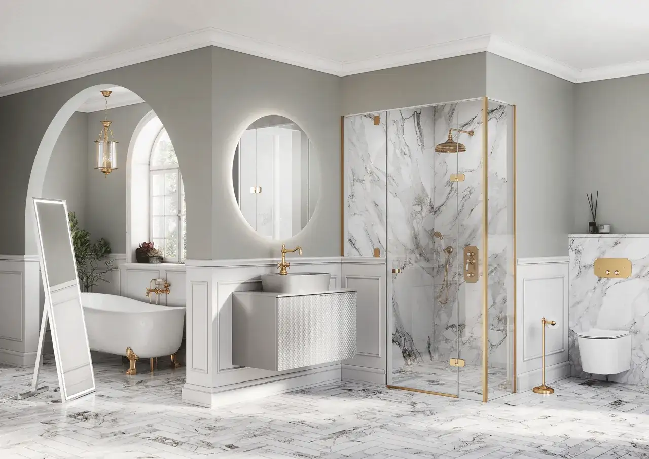 Eleganckie lustro łazienkowe glamour z podświetleniem, nad wanną i złotymi detalami.