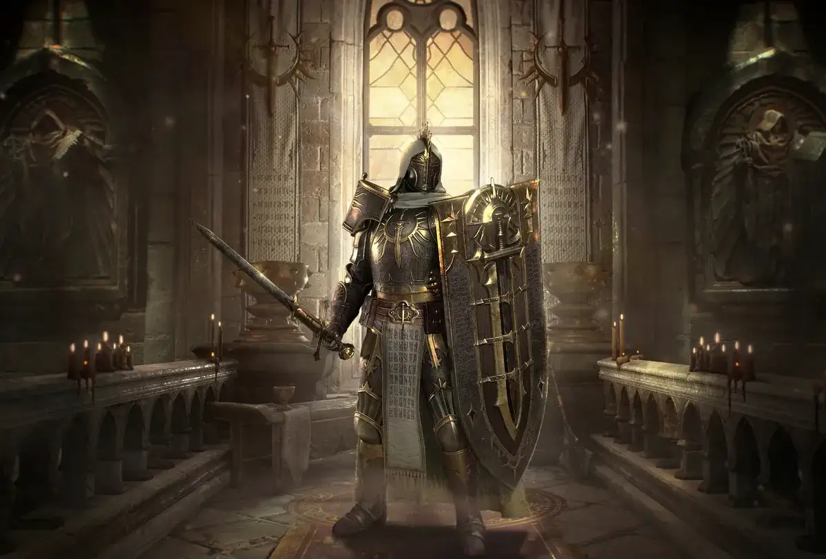 Zbrojny paladyn z Diablo 2 w złotej zbroi, z mieczem i tarczą, stoi w mrocznym kościele.