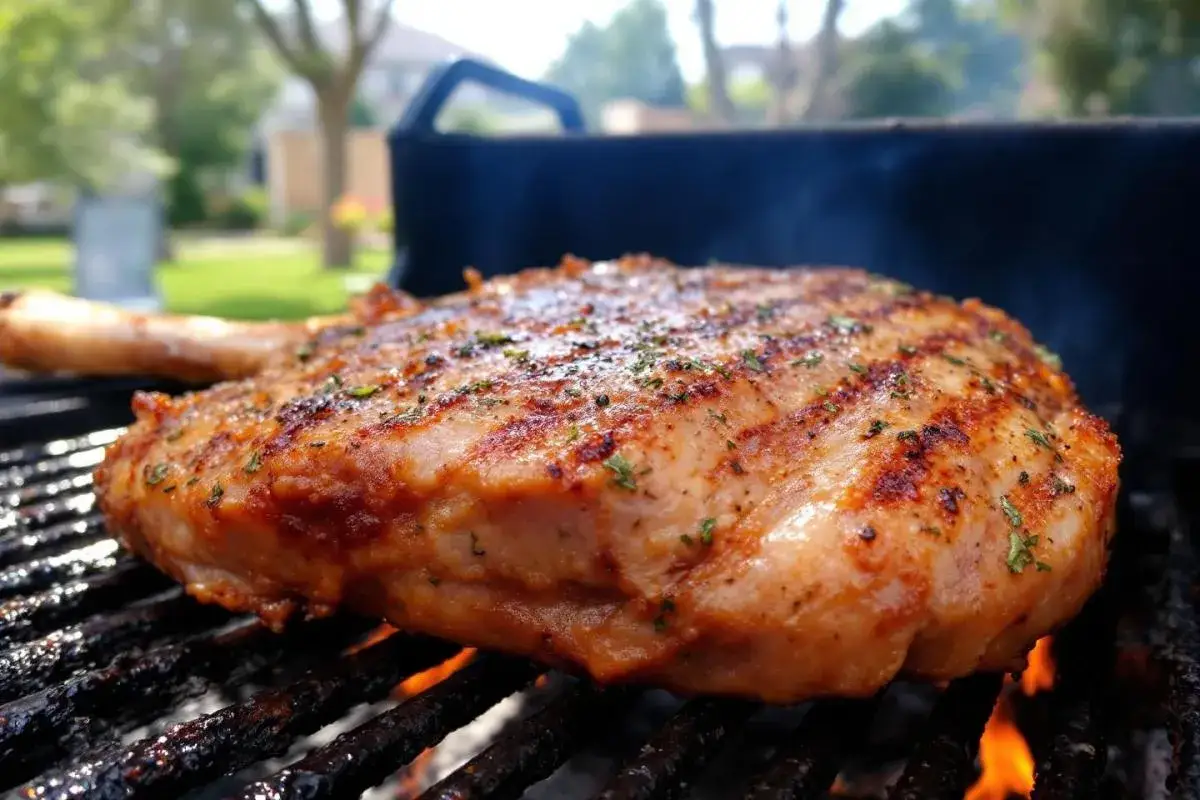 Un savoureux agneau barbecue, grillé à la perfection sur le feu, dégageant une fumée alléchante.