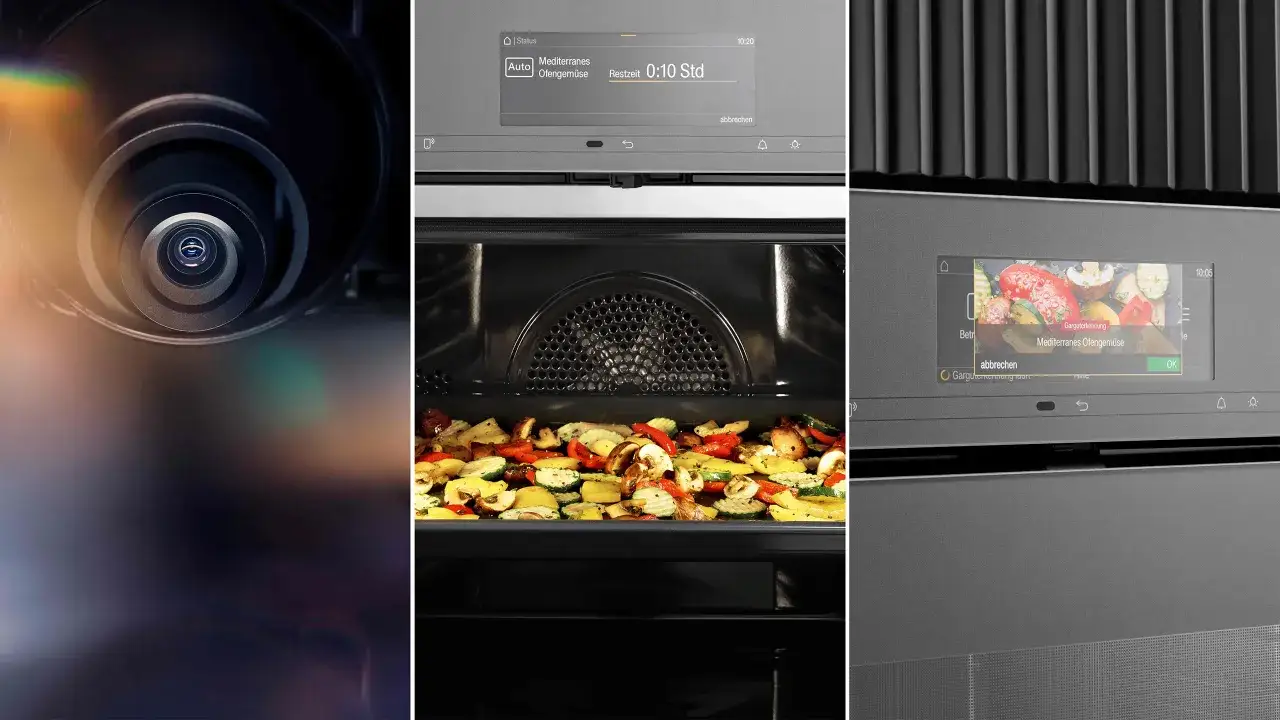 Ein Miele Backofen mit Kamera überwacht mediterranes Ofengemüse. Die Innenkamera liefert klare Bilder für perfekte Kochergebnisse.
