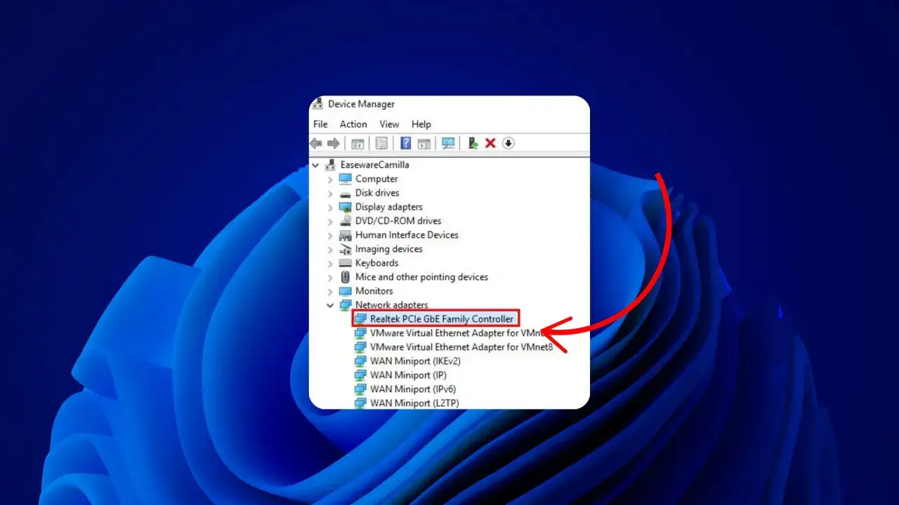 Menedżer urządzeń pokazuje kontroler sieciowy Realtek PCIe GbE Family Controller.