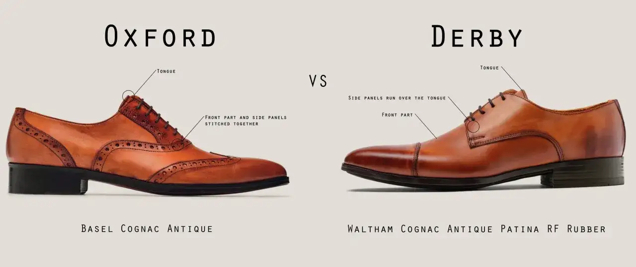 Vergleich von Oxford- und Derby-Schuhen: Der Oxford hat die Seitenpartien unter der Zunge, der Derby darüber.