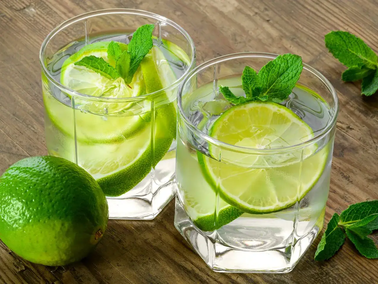 Erfrischender Martini Bianco Spritz mit Limettenscheiben und Minze auf Holztisch.
