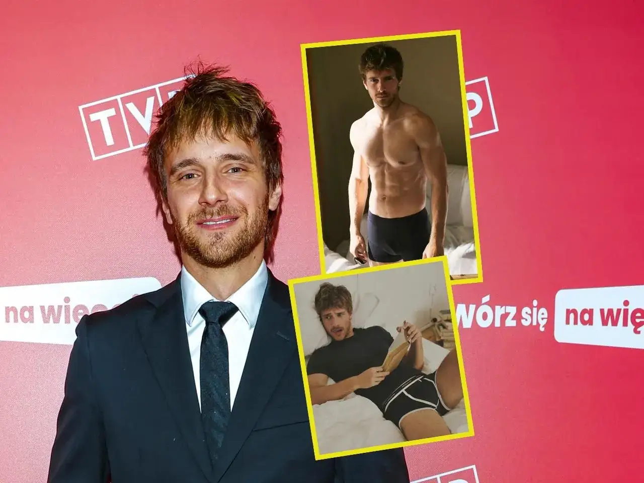Maciej Musiał wzrost. Aktor w garniturze i dwie wstawki z sesji zdjęciowej w bieliźnie.
