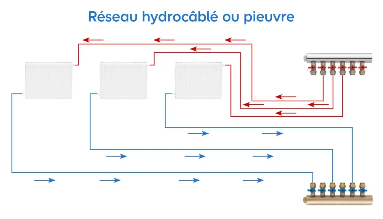 Schéma d'un réseau hydrocâblé ou pieuvre pour le chauffage central. Les tuyaux rouges indiquent le départ de l'eau chaude, les bleus le retour.