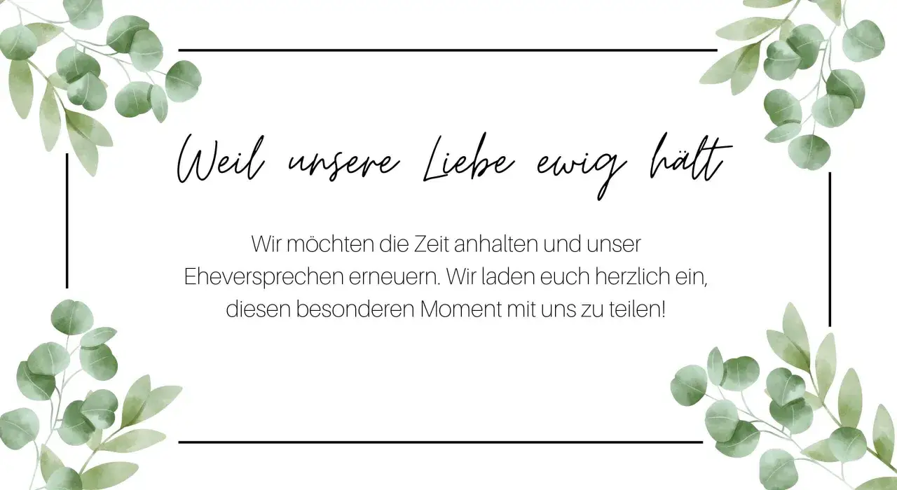 Einladung zur Erneuerung des Eheversprechens, umrahmt von grünen Blättern.