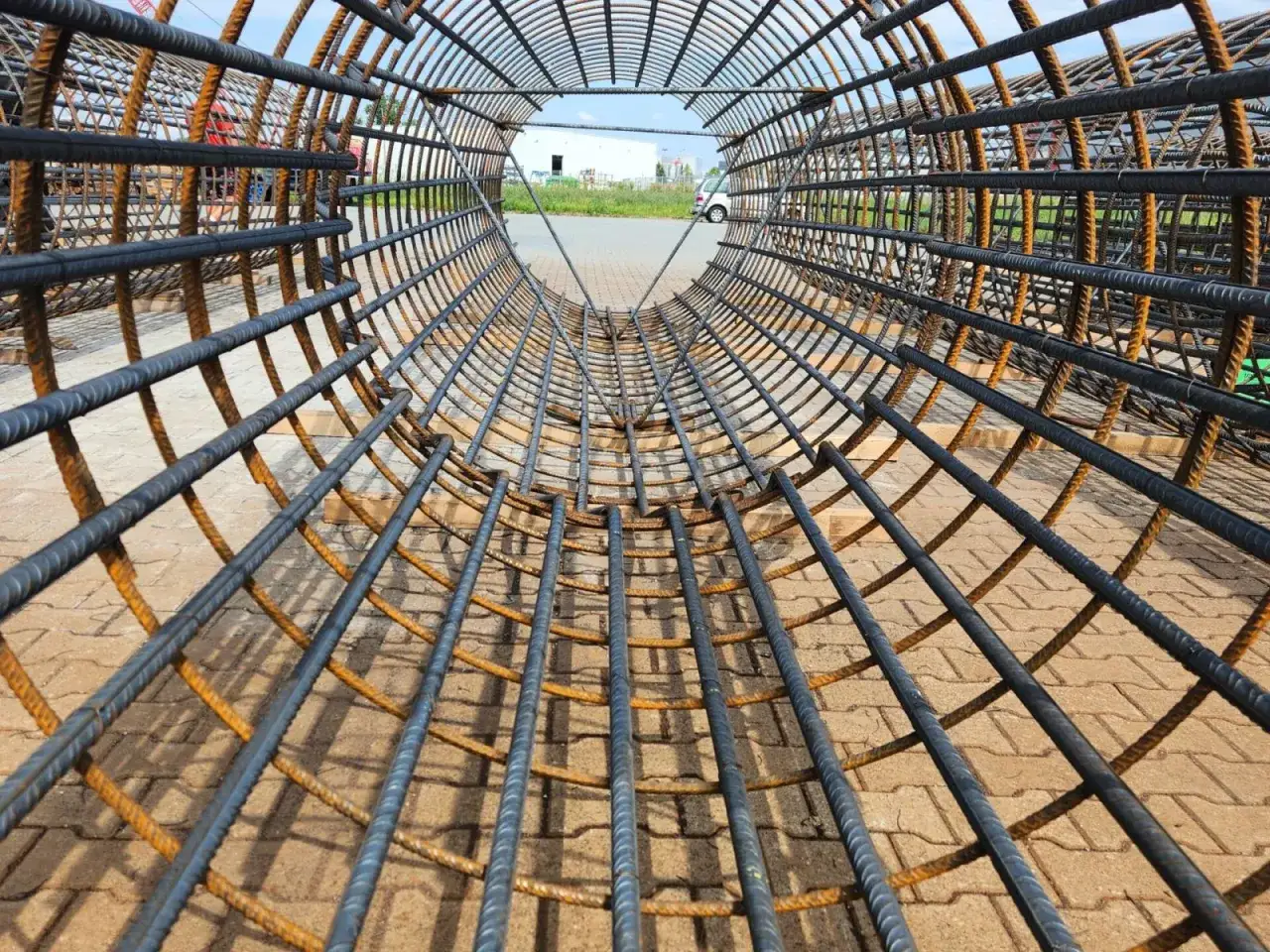 Gotowe zbrojenie w kształcie cylindra, przygotowane do budowy fundament&oacute;w. Stalowe pręty tworzą siatkę, czekając na beton.