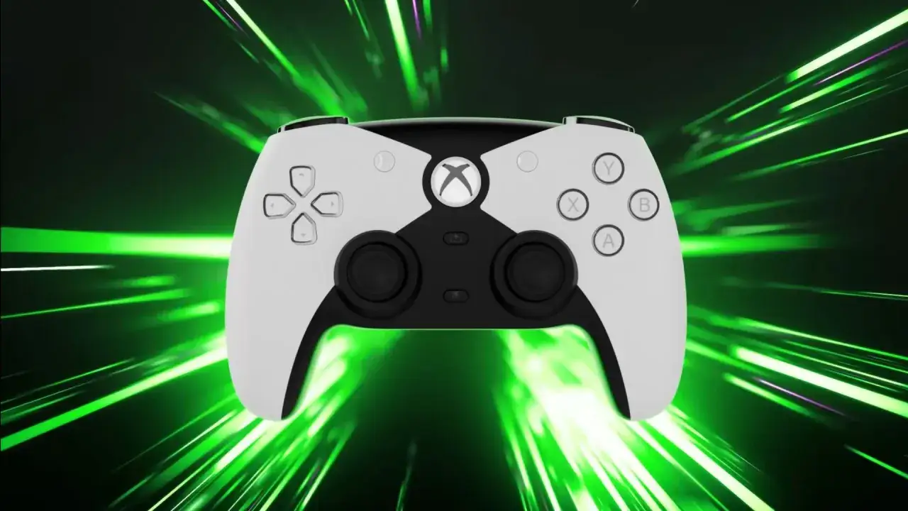 Biało-czarny kontroler Xbox Elite Series 3 na tle zielonych, rozmytych linii światła.