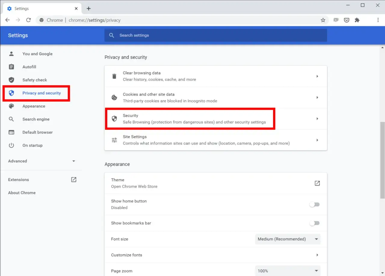 Ustawienia prywatności i bezpieczeństwa w Chrome. Dostęp do certyfikatów Chrome i ustawień bezpieczeństwa.