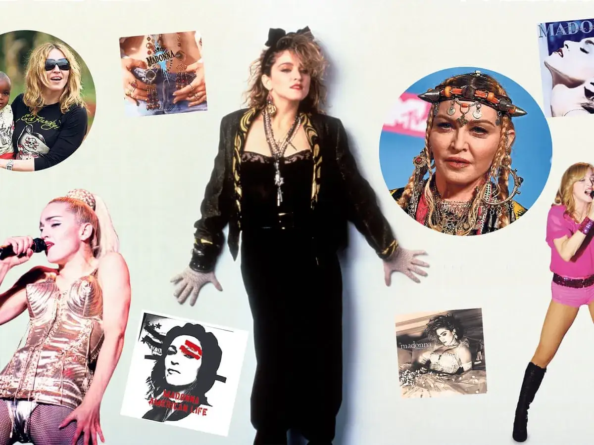 Kolaż zdjęć Madonny z różnych okresów kariery, od lat 80. po współczesność. Czy Madonna żyje? Ikona popu wciąż inspiruje.