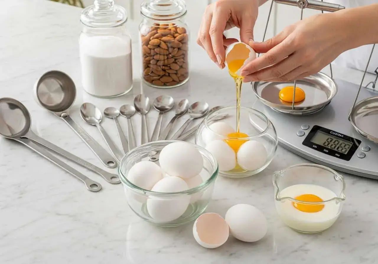 Préparation d'une recette : des œufs blancs sont séparés, le jaune coule sur une balance. Des cuillères et des bocaux d'ingrédients sont à proximité.