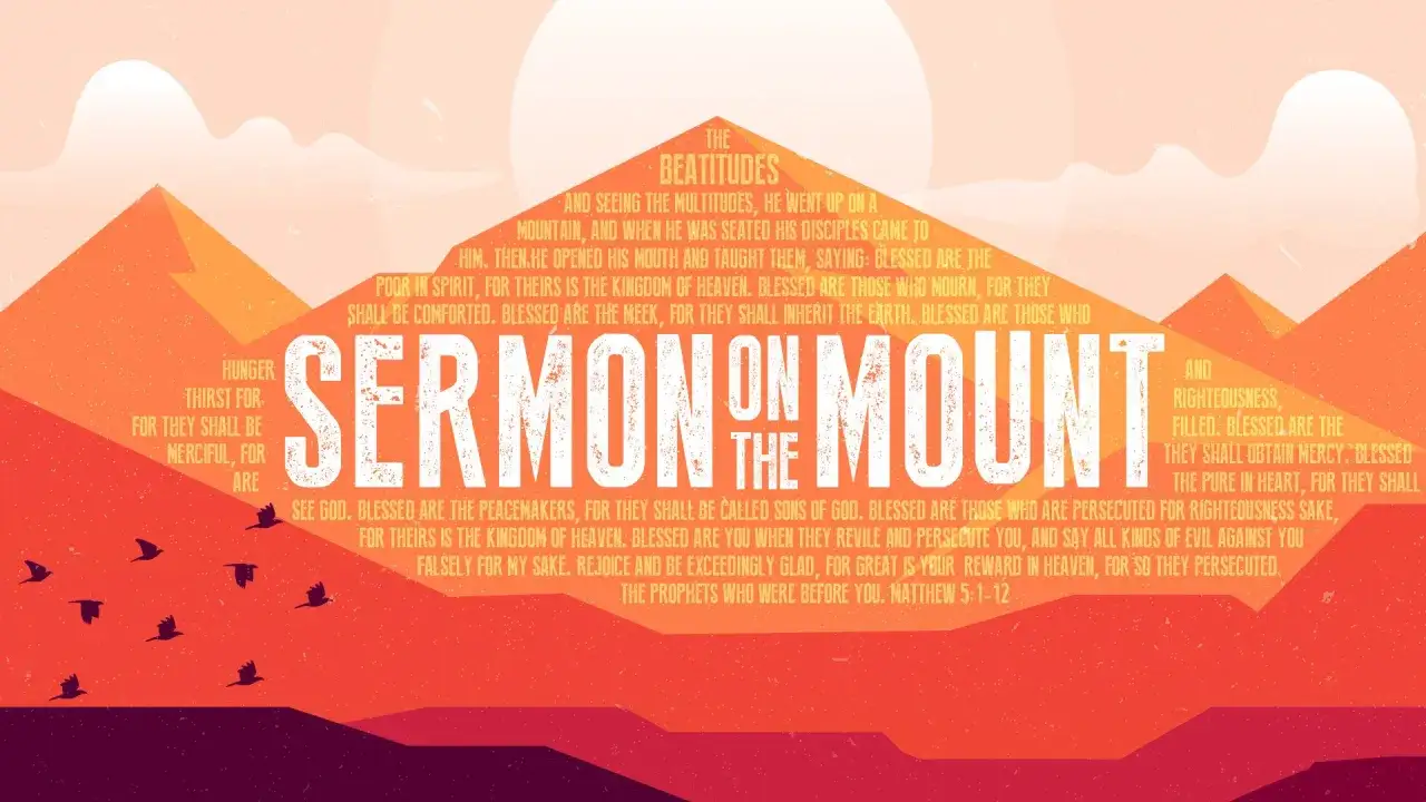 The Sermon on the Mount, with Beatitudes. Blessed are those who hunger and thirst for righteousness. Mountains and birds in a sunset palette.