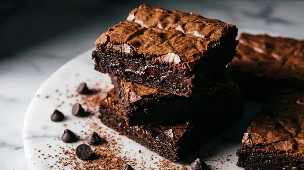 Stos idealnych brownie z płynnym środkiem, posypane kakao i czekoladowymi kroplami.