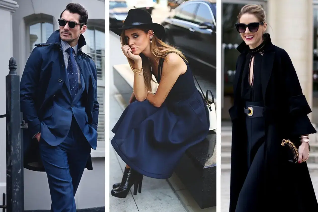 Uomo in tailleur blu elegante, donna con abito blu e cappello, donna in nero. Come abbinare scarpe a un tailleur blu?