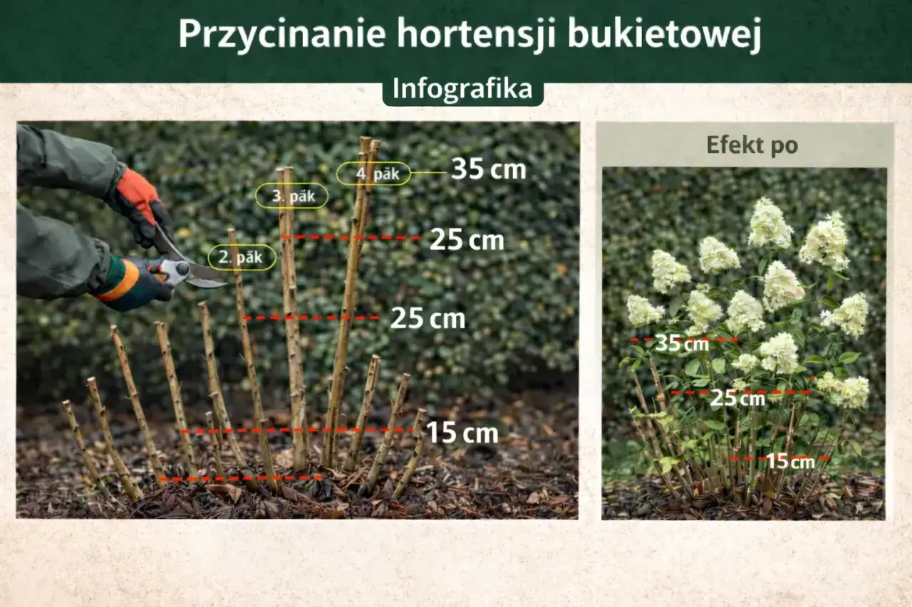 Instrukcja przycinania hortensji bukietowej: przycinamy pędy na wysokości 15-35 cm, nad 2. lub 3. pąkiem, by uzyskać bujne kwitnienie.