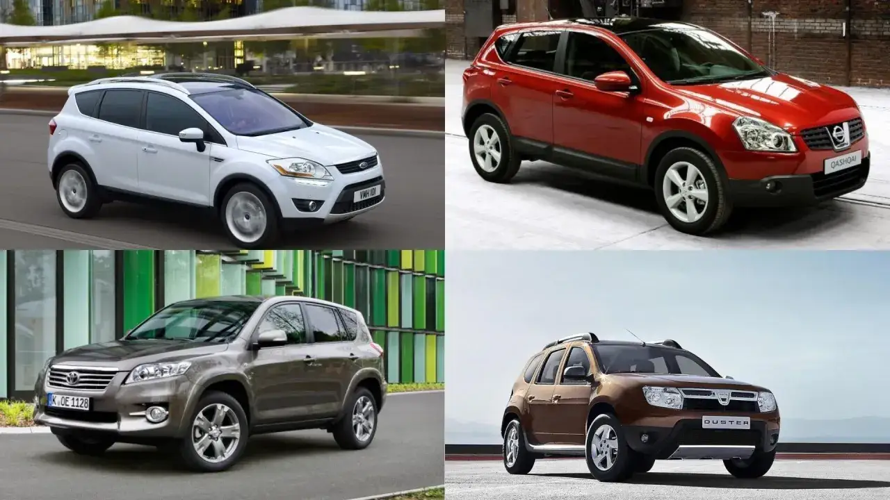 Biały Ford Kuga, czerwony Nissan Qashqai, brązowy Toyota RAV4 i Dacia Duster – cztery propozycje SUV-ów do 40 tys. zł.