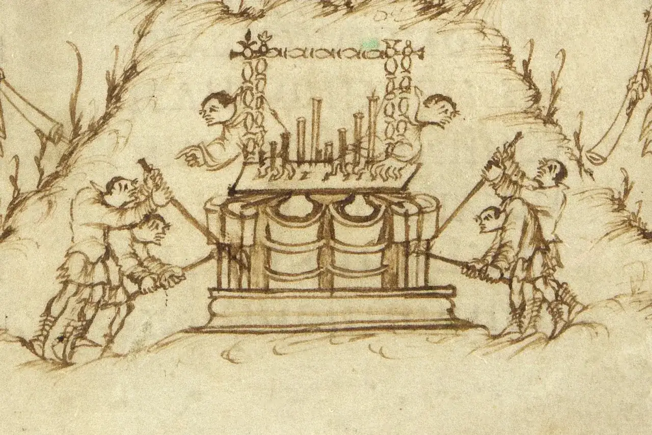 Männer mit Instrumenten, die an einen Altar gebunden sind, erinnern an Psalm 150.