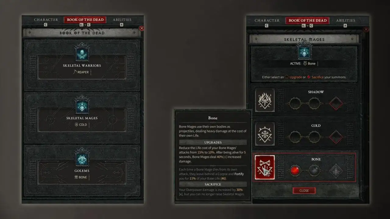 Men&uacute; de build nigromante diablo 4: Sacerdote de Hueso activo, con opciones de mejora o sacrificio.