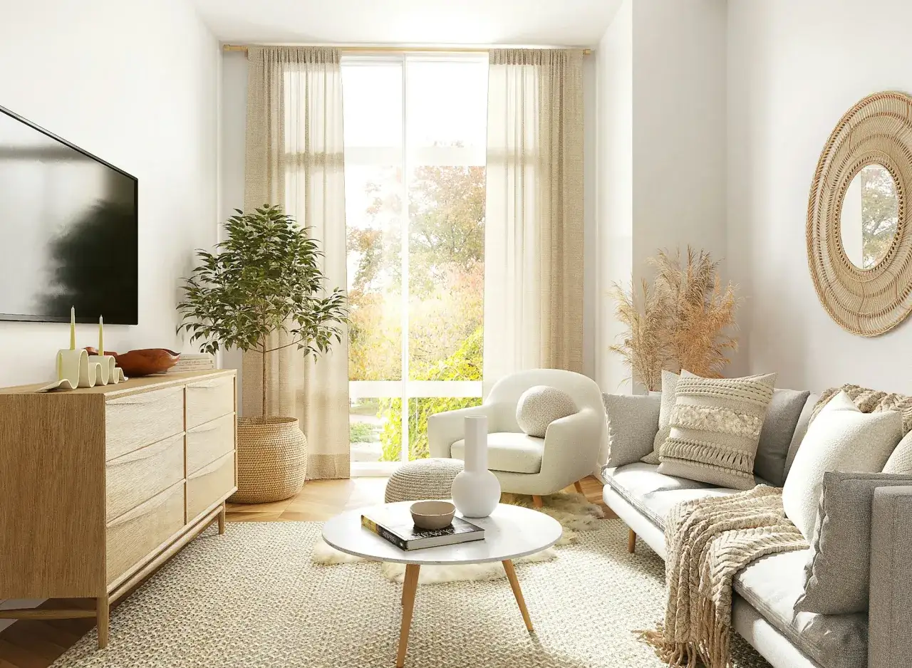 Przytulny salon inspiracje: jasna kanapa, fotel, drewniana komoda, dywan i rośliny tworzą ciepłą atmosferę.