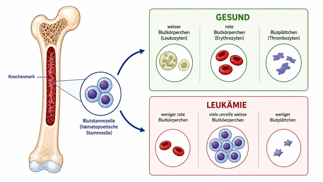 Knochenmark zeigt gesunde Blutzellen im Vergleich zu den Anzeichen von Leuk&auml;mie: weniger rote Blutk&ouml;rperchen, viele unreife wei&szlig;e Blutk&ouml;rperchen und weniger Blutpl&auml;ttchen.