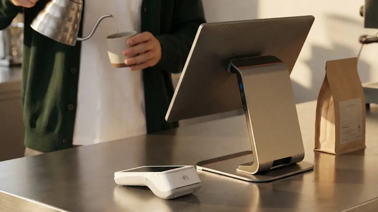 POS moderno con registratore di cassa e lettore di carte. Un barista prepara un caffè sullo sfondo.