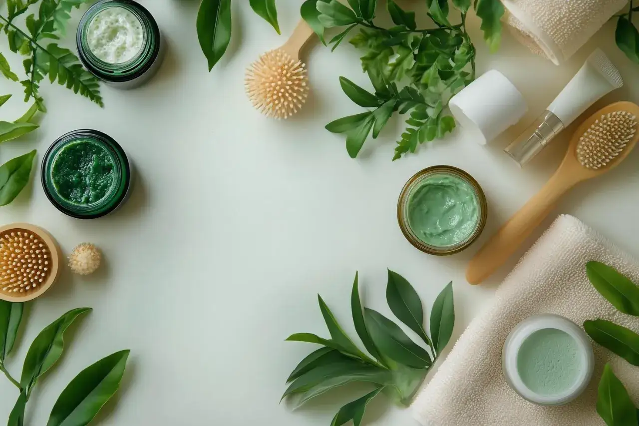 Un kit beauty routine naturale con creme verdi, spazzole in legno e foglie.