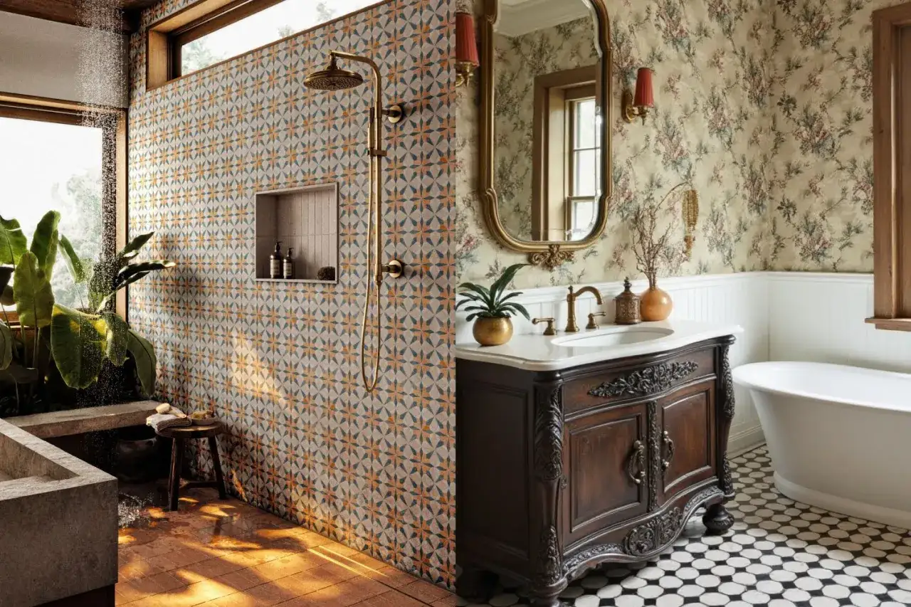 A luxurious bathroom with a patterned tile shower and a vintage vanity, featuring timeless bathroom flooring that blends classic charm with modern design.