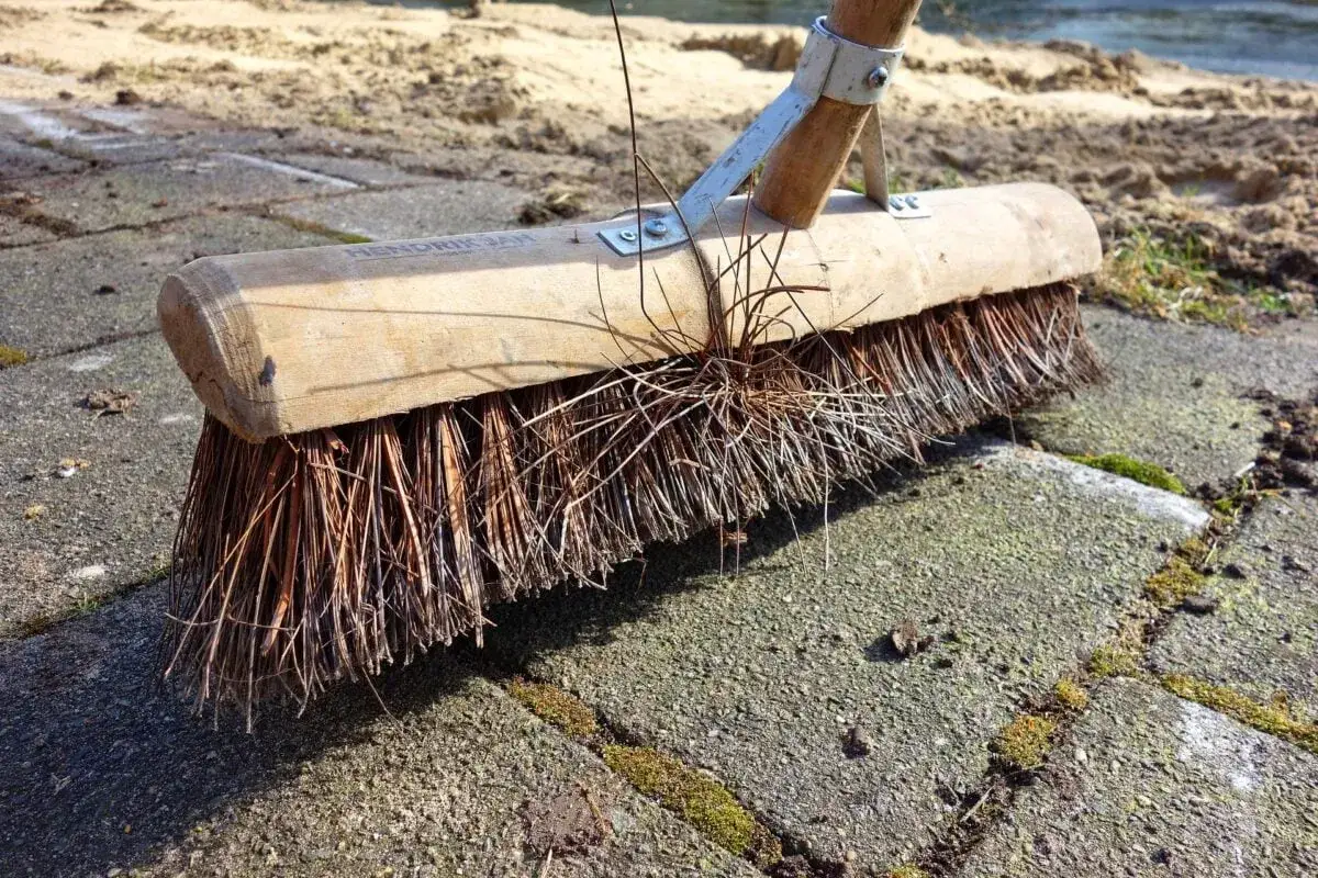 Spazzola per **come pulire pavimenti esterni ruvidi**. Le setole naturali raccolgono detriti e muschio dalle lastre di pietra.