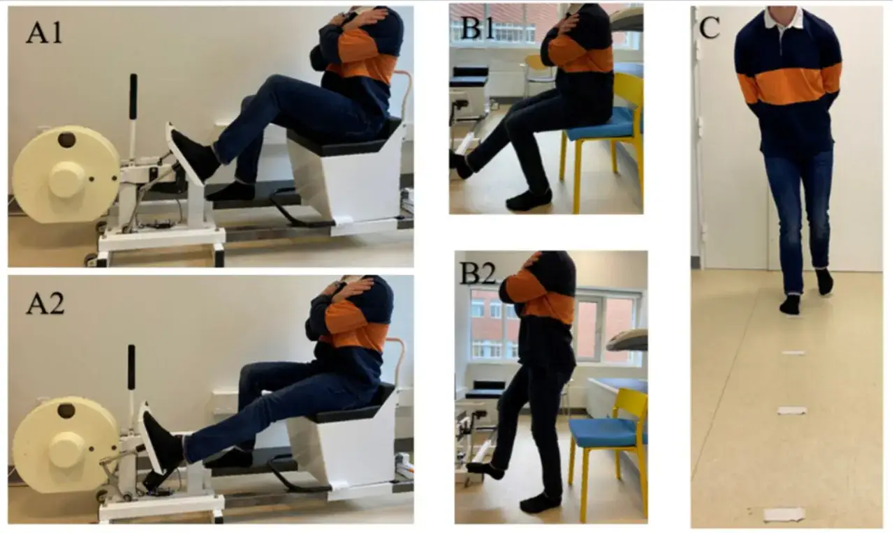 Esercizi per valutare il deficit stenico arti inferiori: leg press (A1, A2), step test (B1, B2) e camminata su ostacoli (C).