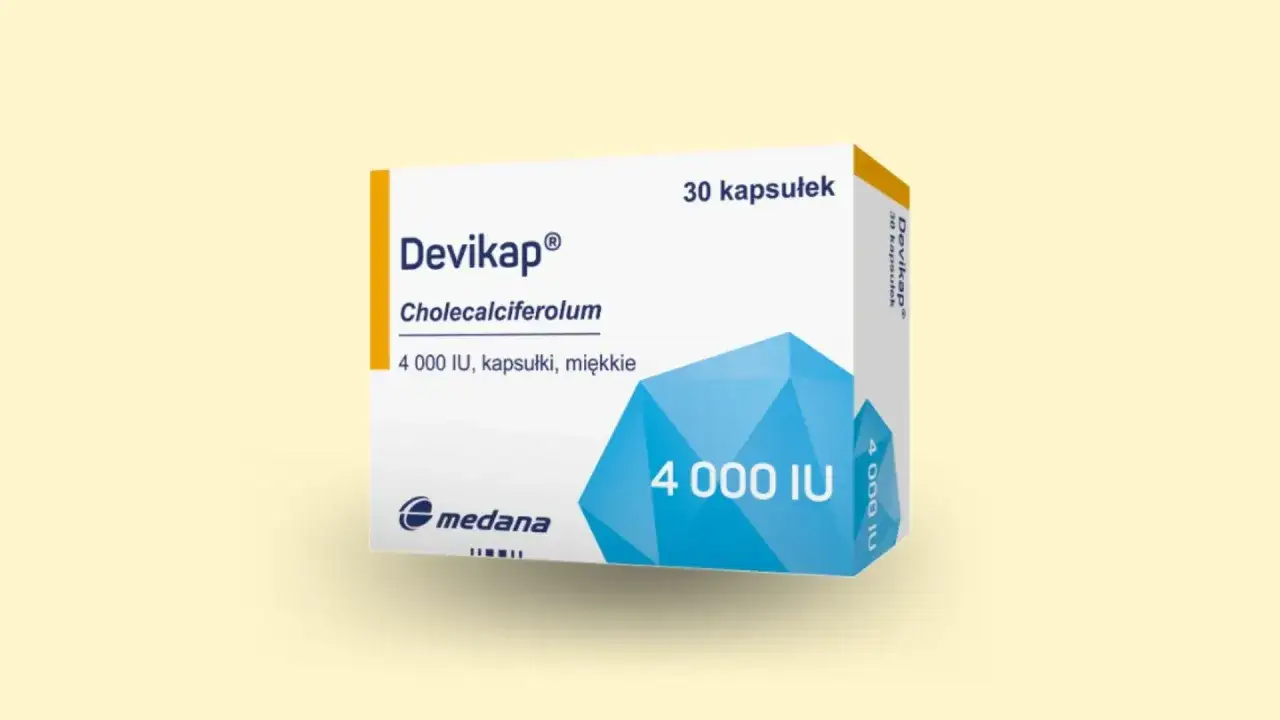 Opakowanie leku Devikap 4000 IU z 30 kapsułkami, wspomagające zdrowie.