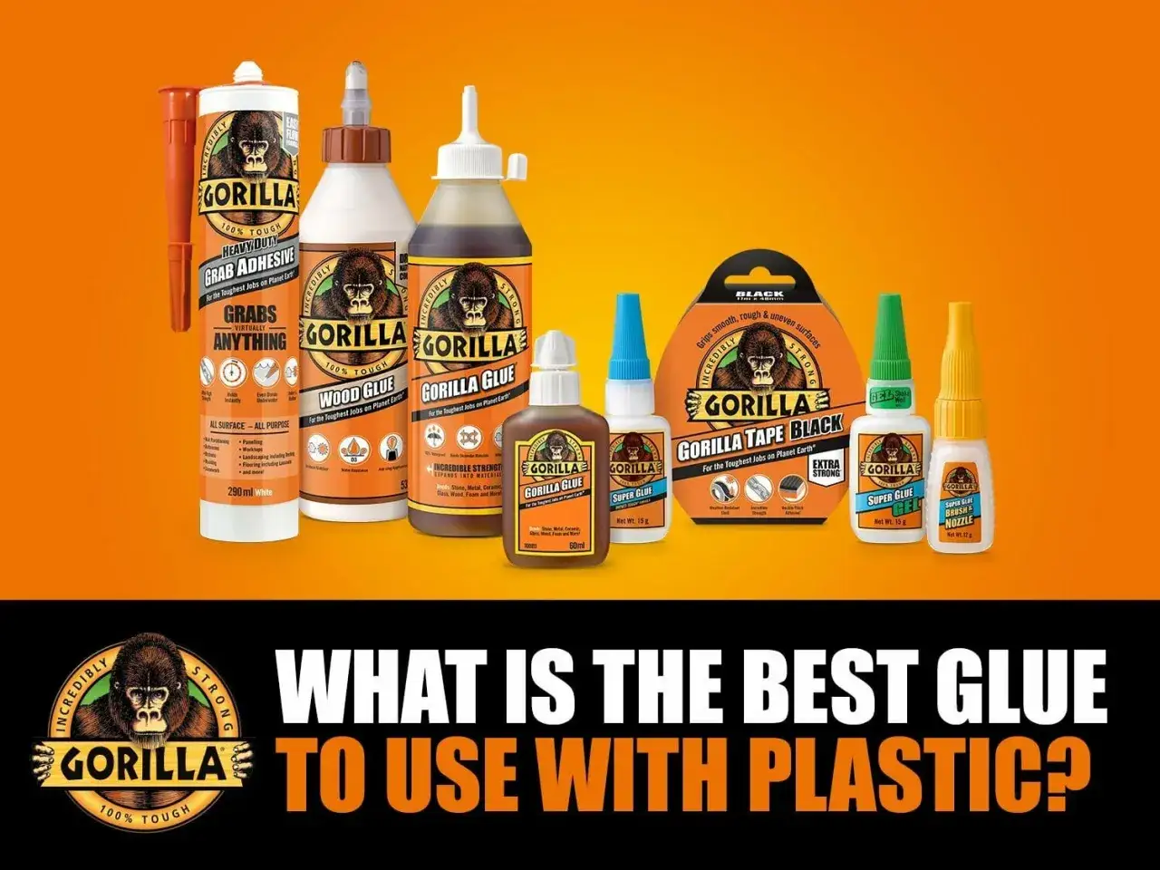 Gorilla Glue products, including adhesives and super glues, are showcased. The question