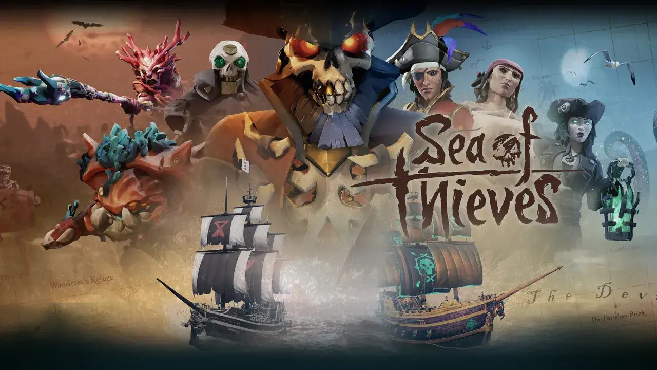 Postacie i potwory z gry Sea of Thieves, w tym szkielety, piraci i morskie bestie, na tle mapy i statków. Idealne dla fanów gry o piratach.