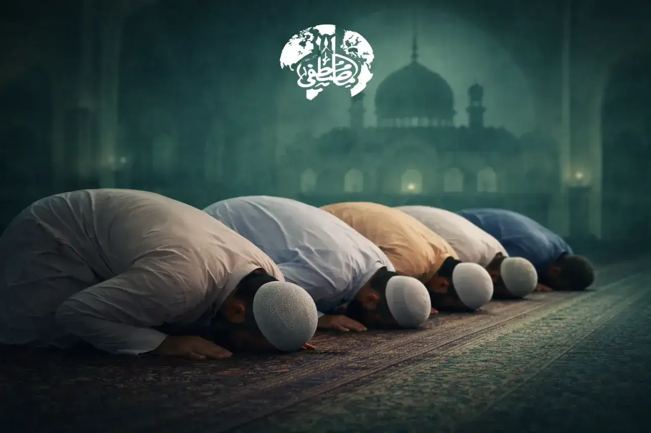M&auml;n i rad utf&ouml;r witr prayer i en mosk&eacute;, med en stiliserad jordglob och kalligrafi ovanf&ouml;r.