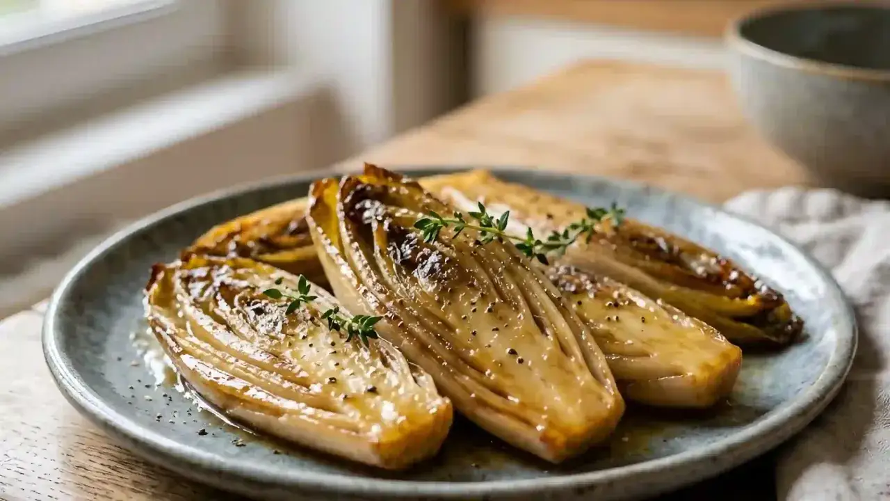 Endives braisées dorées, garnies de thym frais et de poivre noir, sur une assiette grise. Un délice simple et savoureux.