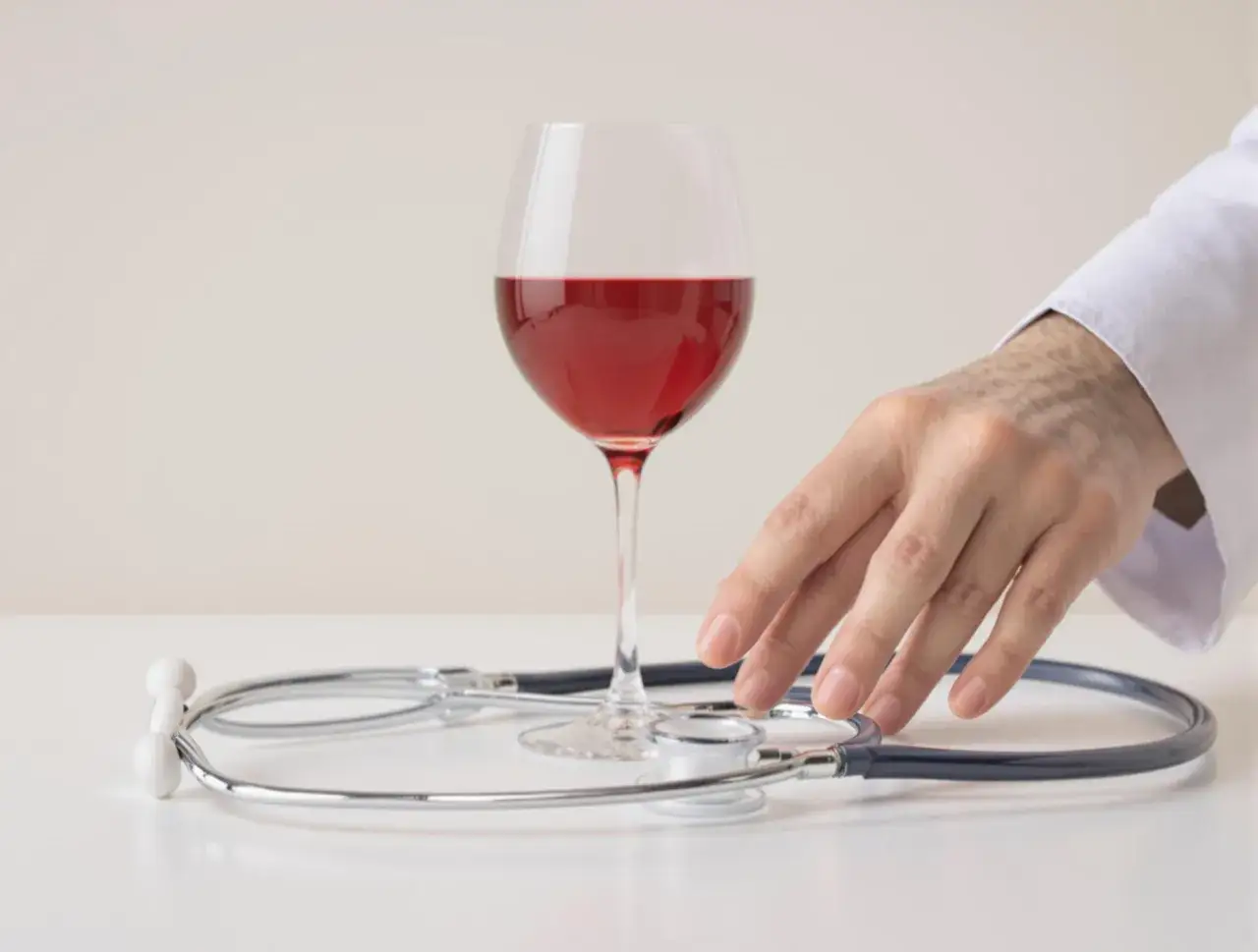 Un verre de vin rouge près d'un stéthoscope, suggérant la question de l'azithromycine et de l'alcool.