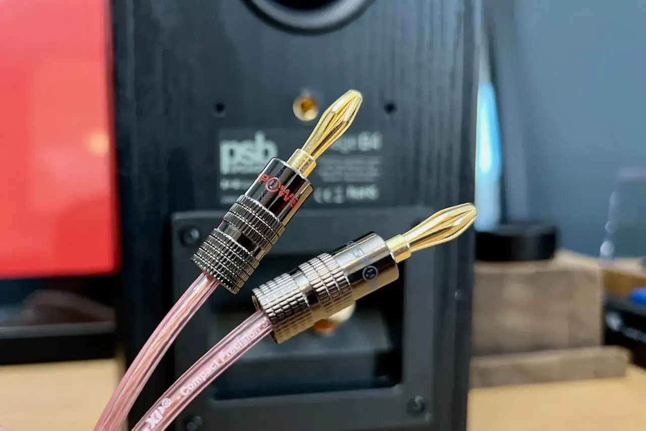 Deux fiches banane dor&eacute;es, pr&ecirc;tes pour un montage, sur des c&acirc;bles audio transparents. L'arri&egrave;re d'une enceinte PSB est visible.