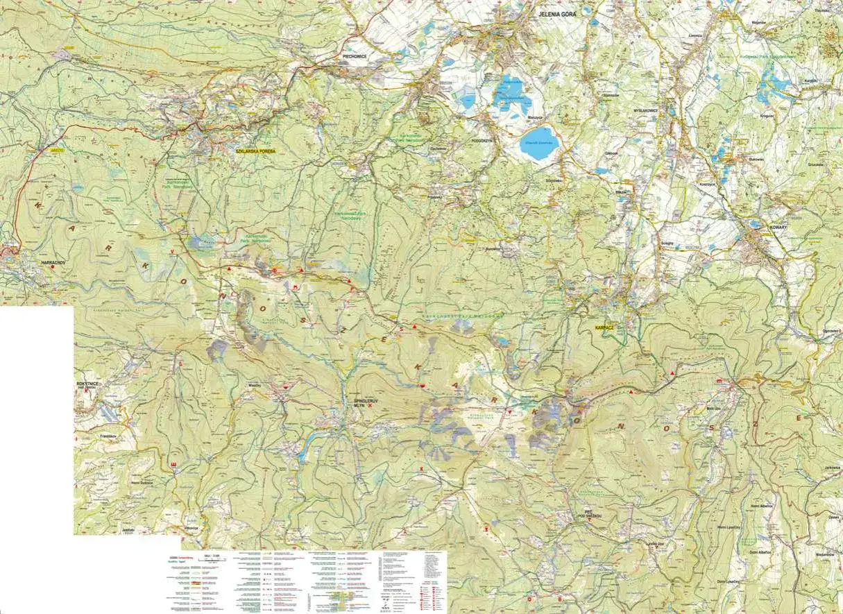 Mapa turystyczna Karkonoszy, pokazująca szlaki, miejscowości jak Karpacz, Szklarska Poręba, Jelenia G&oacute;ra i inne.