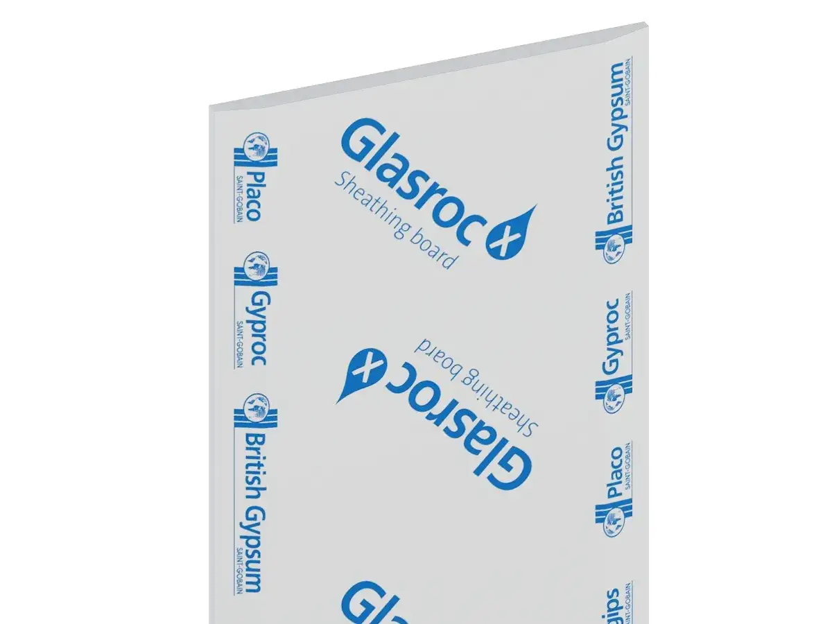 Pannello in cartongesso Glasroc X, ideale per rivestimenti esterni, con logo Saint-Gobain.