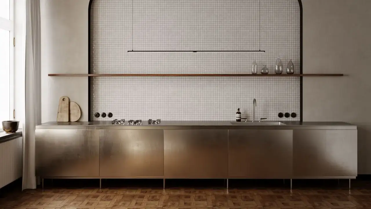 Cuisine moderne avec des armoires en inox qui brillent, un plan de travail en métal, une crédence carrelée et une étagère en bois.