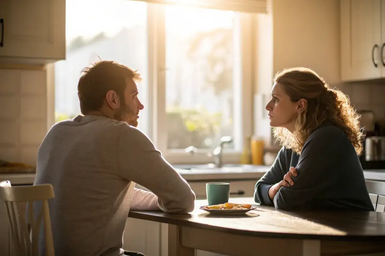 Man en vrouw kijken elkaar aan, een moment van stilte en behoefte aan verbinding.