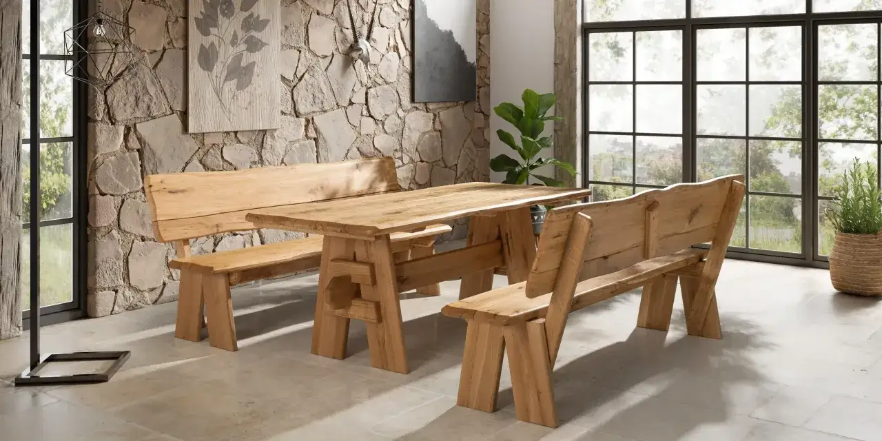 Rustikales Esszimmer mit Holztisch und Bänken, die an die sommer farben der Natur erinnern. Steinwand und große Fenster schaffen ein warmes Ambiente.