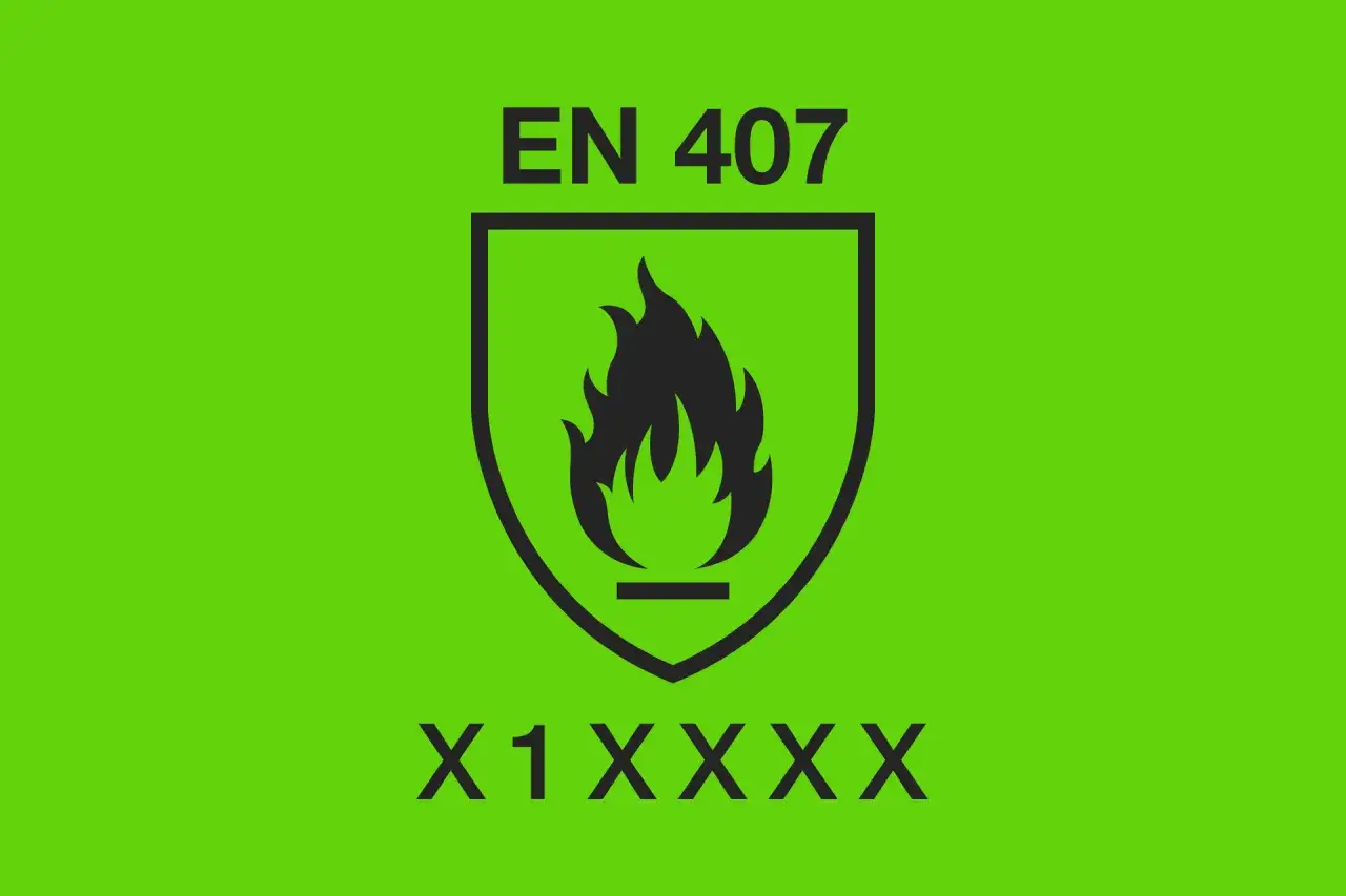 Pictograma EN 407 para guantes de seguridad contra el calor y el fuego. Muestra una llama dentro de un escudo y la clasificación X1XXXX.