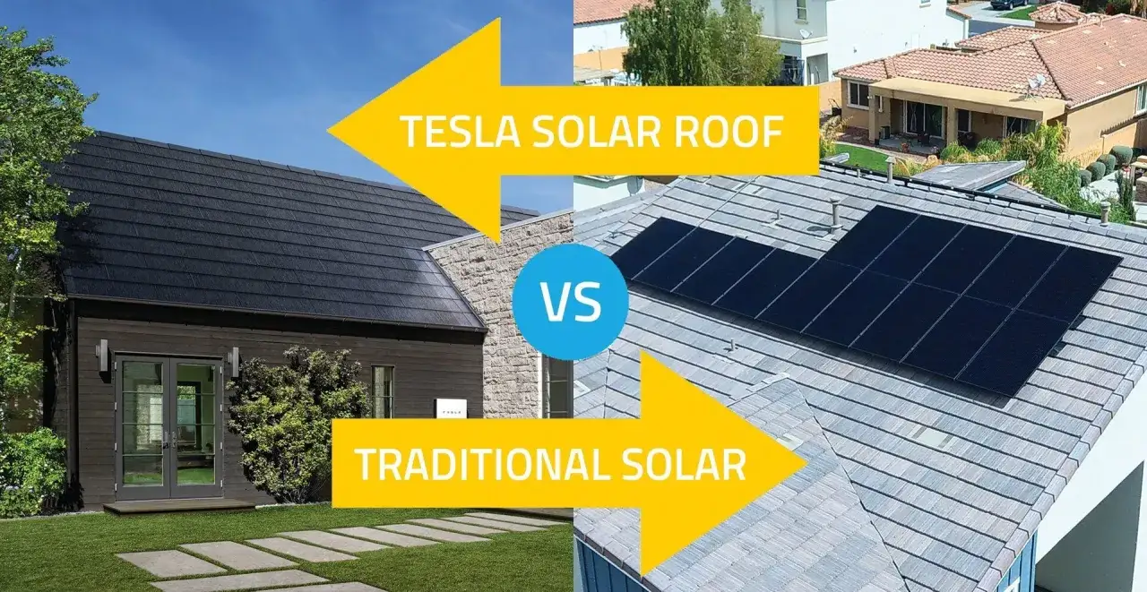 Confronto tra Tesla Solar Roof, un tetto elegante con tegole solari integrate, e pannelli solari tradizionali montati su un tetto grigio.