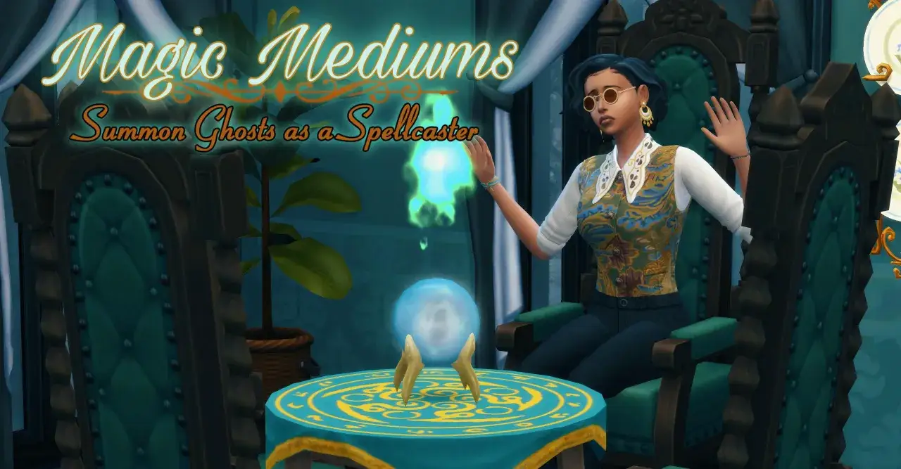Simka, jako medium, pr&oacute;buje przywołać ducha w The Sims 4. Na stole kryształowa kula, a w powietrzu zielona poświata.