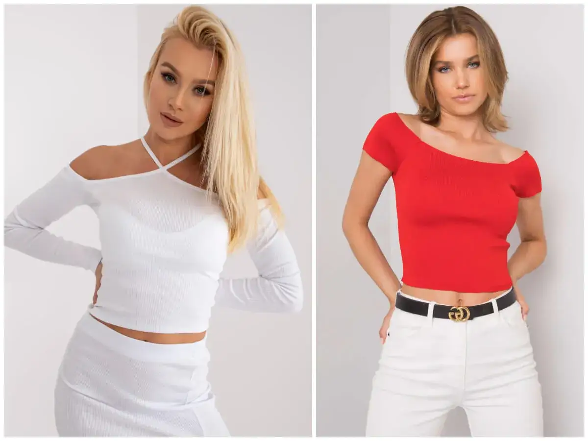 Dwie kobiety prezentują modne topy podkreślające ich **body shape**. Jedna w białym, druga w czerwonym, obie wyglądają stylowo.