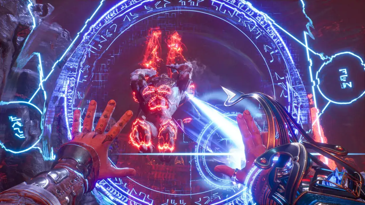 Manos conjurando magia azul brillante en **Immortals of Aveum**. Un ser llameante emerge de un círculo arcano.