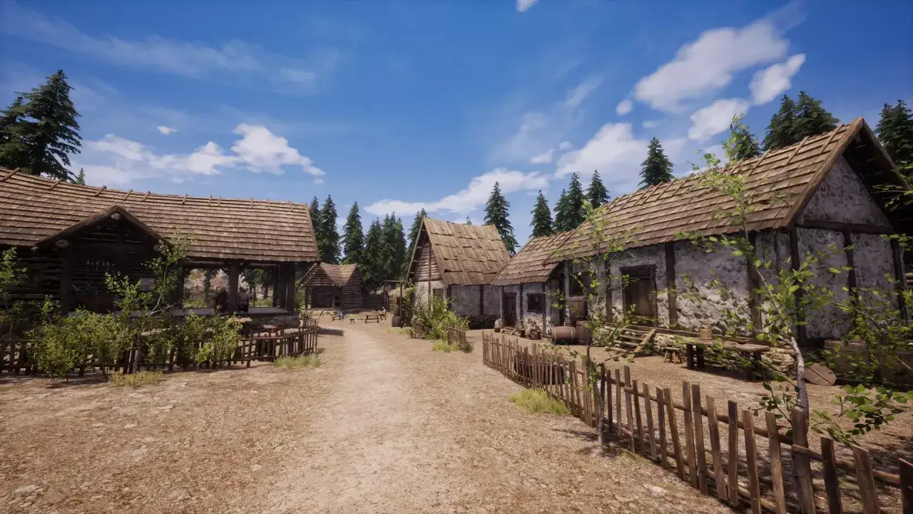 Średniowieczna wioska, idealna na poradnik Medieval Dynasty. Drewniane chaty, kamienne budynki i zielone drzewa pod błękitnym niebem.